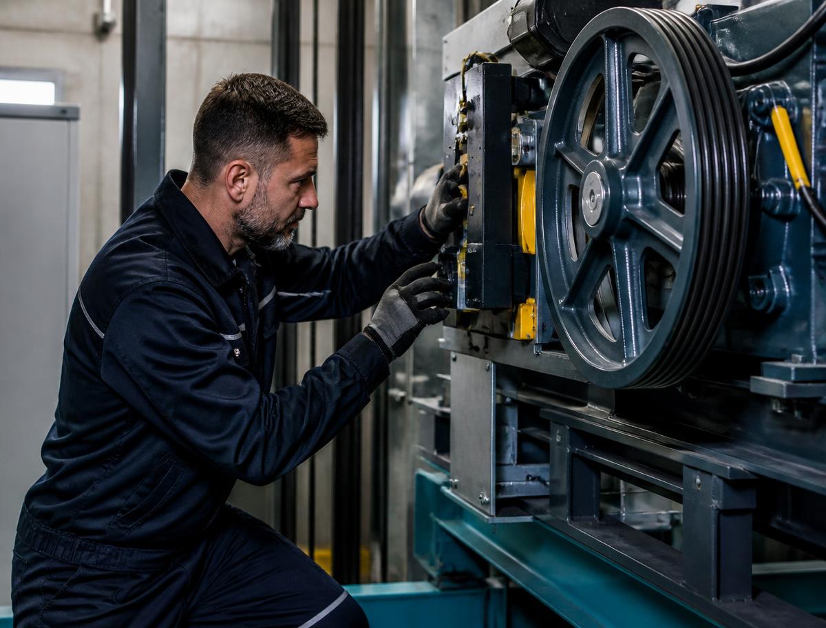 Técnico com equipamento de proteção inspecionando a máquina de tração de um elevador