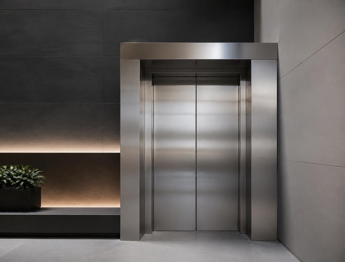 Portal de elevador em aço inox escovado em hall arquitetônico